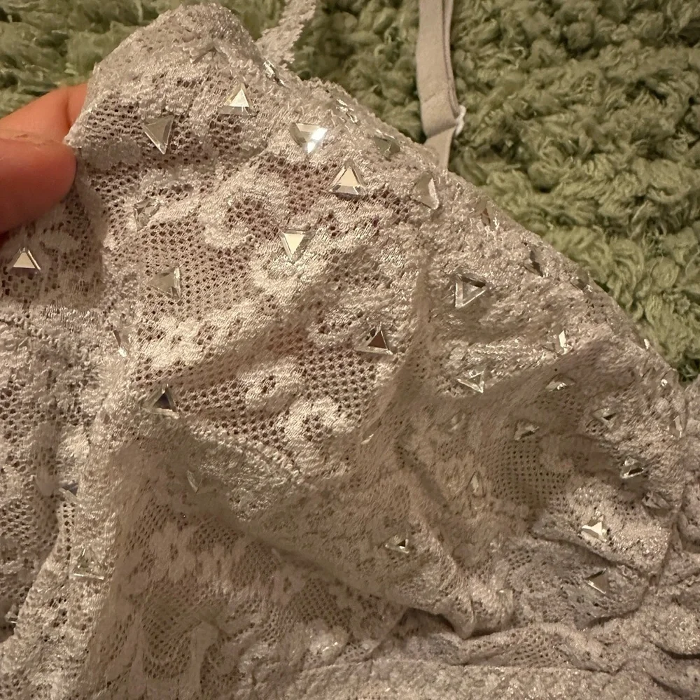 Victorias Secret Pink Gray Bling Stone Embellished Ruched Lace Cami Bra - Picture 2 of 8